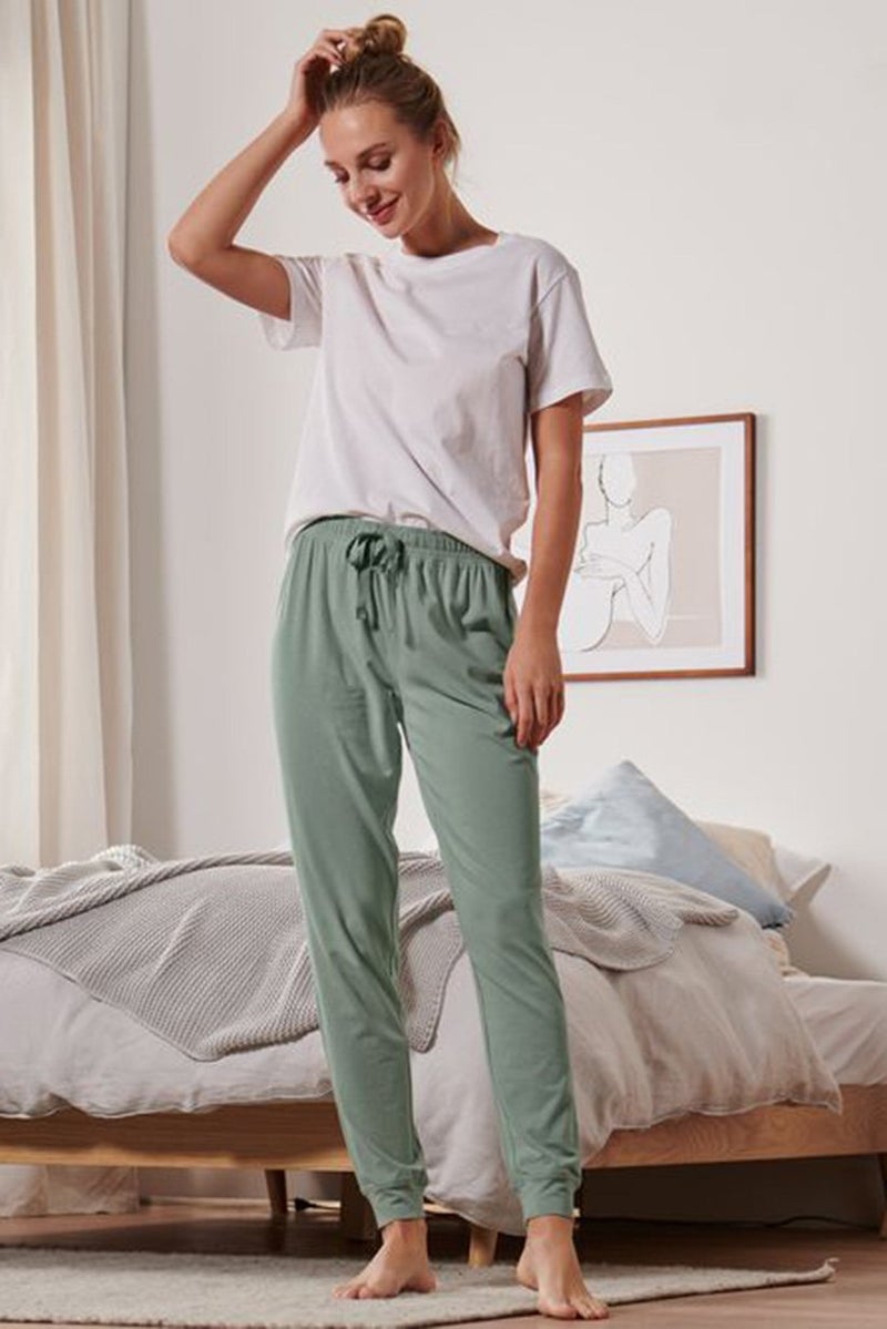 Tchibo Women Regular Fit Plain Stretchable Pants, Sage Green - Image 1