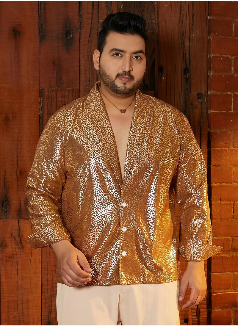 انستافاب بلس Instafab Plus Men's Mocha Brown Metallic Shawl Collar Relaxed Shirt For Casual Wear | Shawl Collar | Long Cuffed Sleeves | Button Closure | Plus Size Shirt Crafted With Comfort Fit For Everyday Wear