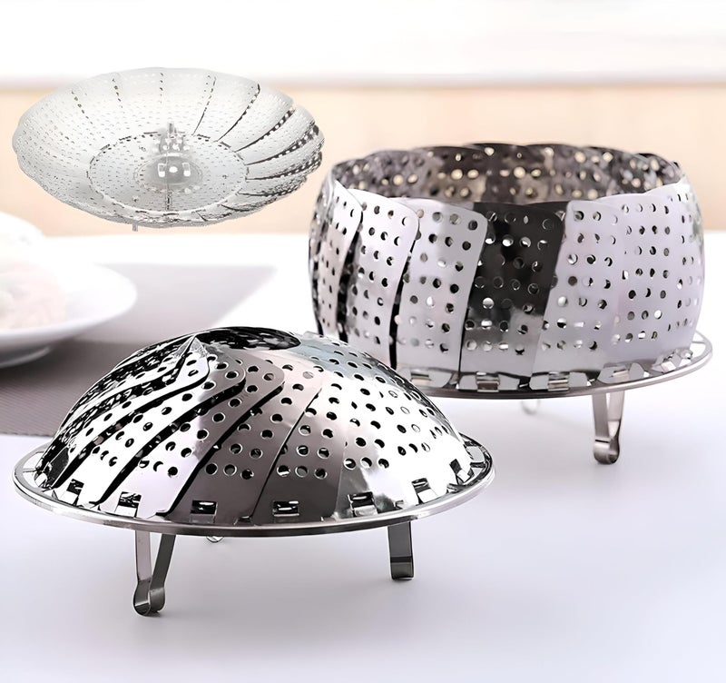 Durable stainless steel steam cooker, foldable, ideal for vegetables and seafood, and for multifunctional cooking needs - Image 4