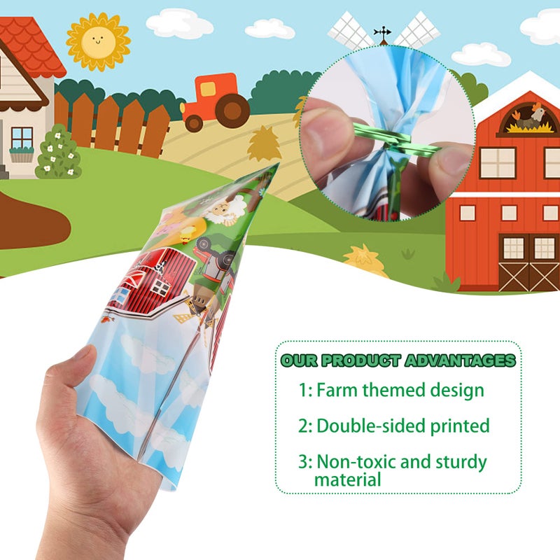 peony man 100 Pieces Farm Animal Cellophane Bags Farmhouse Party Treat Bag Cow Sheep Pig Printed Candy Goodie Bags with 100 Twist Ties for Birthday Baby Shower Party Favors Chocolate Snacks Cookies Packaging - Image 3