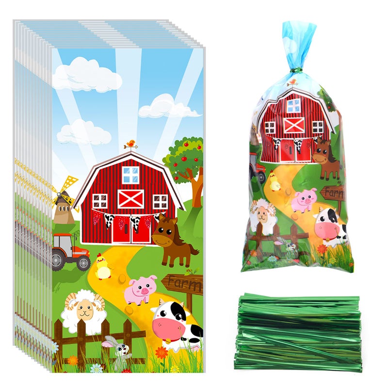 peony man 100 Pieces Farm Animal Cellophane Bags Farmhouse Party Treat Bag Cow Sheep Pig Printed Candy Goodie Bags with 100 Twist Ties for Birthday Baby Shower Party Favors Chocolate Snacks Cookies Packaging - Image 1