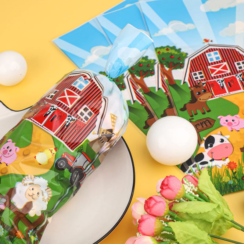 peony man 100 Pieces Farm Animal Cellophane Bags Farmhouse Party Treat Bag Cow Sheep Pig Printed Candy Goodie Bags with 100 Twist Ties for Birthday Baby Shower Party Favors Chocolate Snacks Cookies Packaging - Image 4