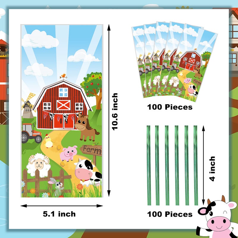 peony man 100 Pieces Farm Animal Cellophane Bags Farmhouse Party Treat Bag Cow Sheep Pig Printed Candy Goodie Bags with 100 Twist Ties for Birthday Baby Shower Party Favors Chocolate Snacks Cookies Packaging - Image 2