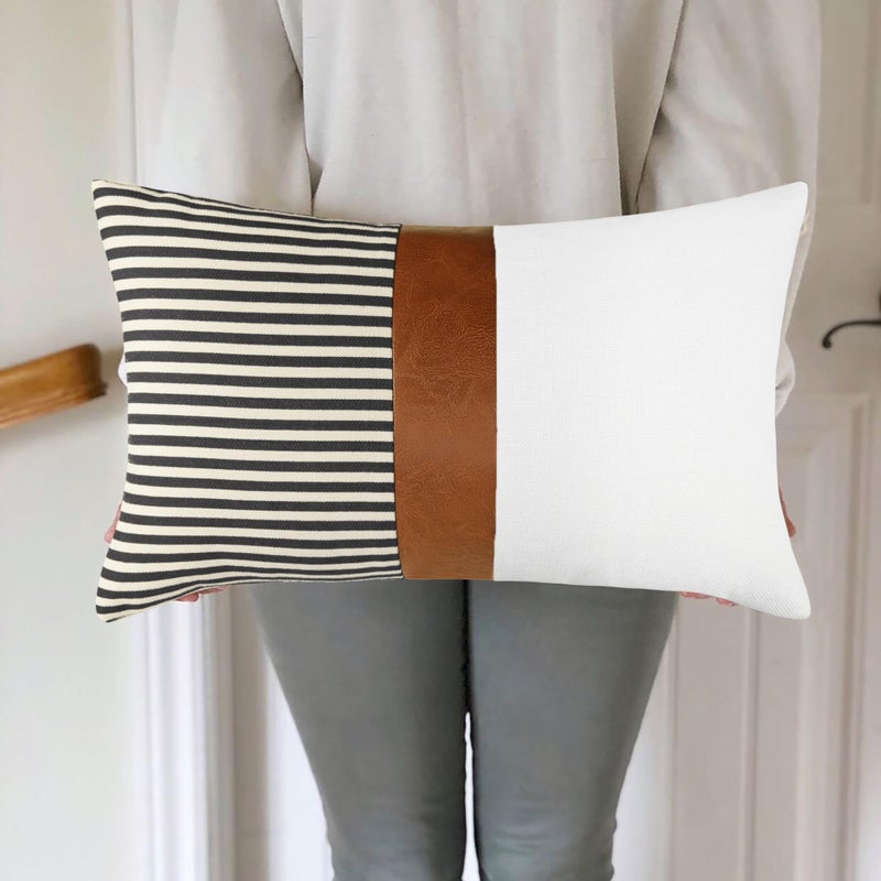 cygnus 12x20 Pillow Covers Set of 2 Farmhouse Decor Stripe Patchwork Linen Throw Lumbar Pillow Covers Modern Faux Leather Covers for Couch Sofa Black - Image 3
