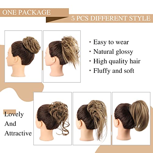 HMD 5 Pieces Messy Hair Bun Hairpiece Tousled Updo for Women Hair Extension Ponytail Scrunchies with Elastic Rubber Band Long Updo Messy Hairpiece Hair Accessories Set for Women（12/24） - Image 2