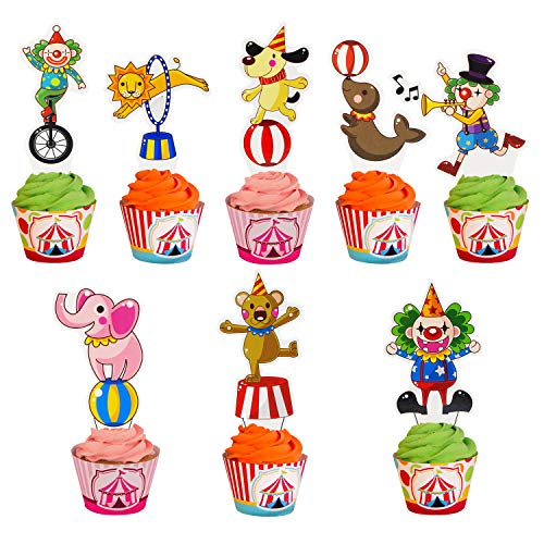 Joymee 48 Pieces Circus Animal Cupcake Topper for Carnival Themed Baby Shower Kids Birthday Party Favor Supplies Lion Bear Elephant Cake Decorations - Image 1