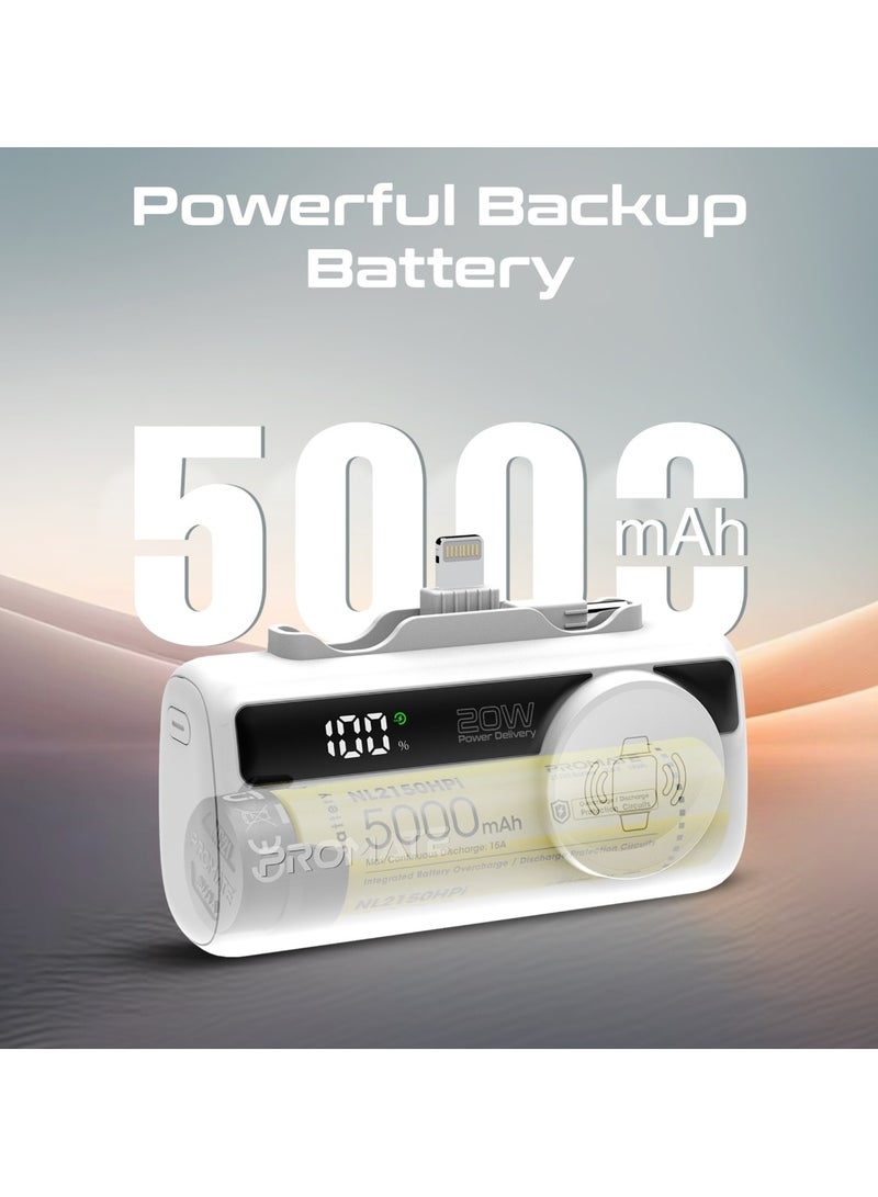 بروميت 5000 mAh Promate 5000mAh Portable Power Bank with Built-In 20W USB-C In/Out Foldable Connector and 12W Lightning Foldable Connector, Apple Watch Charger, Fast USB-C Charging Port, Charge Protection, LED Display, PowerUp-Trio White - Image 2