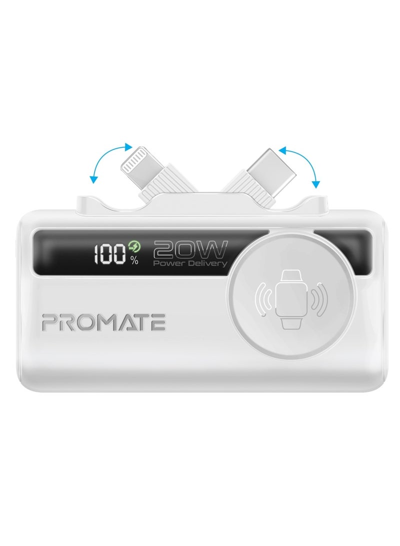 بروميت 5000 mAh Promate 5000mAh Portable Power Bank with Built-In 20W USB-C In/Out Foldable Connector and 12W Lightning Foldable Connector, Apple Watch Charger, Fast USB-C Charging Port, Charge Protection, LED Display, PowerUp-Trio White - Image 1