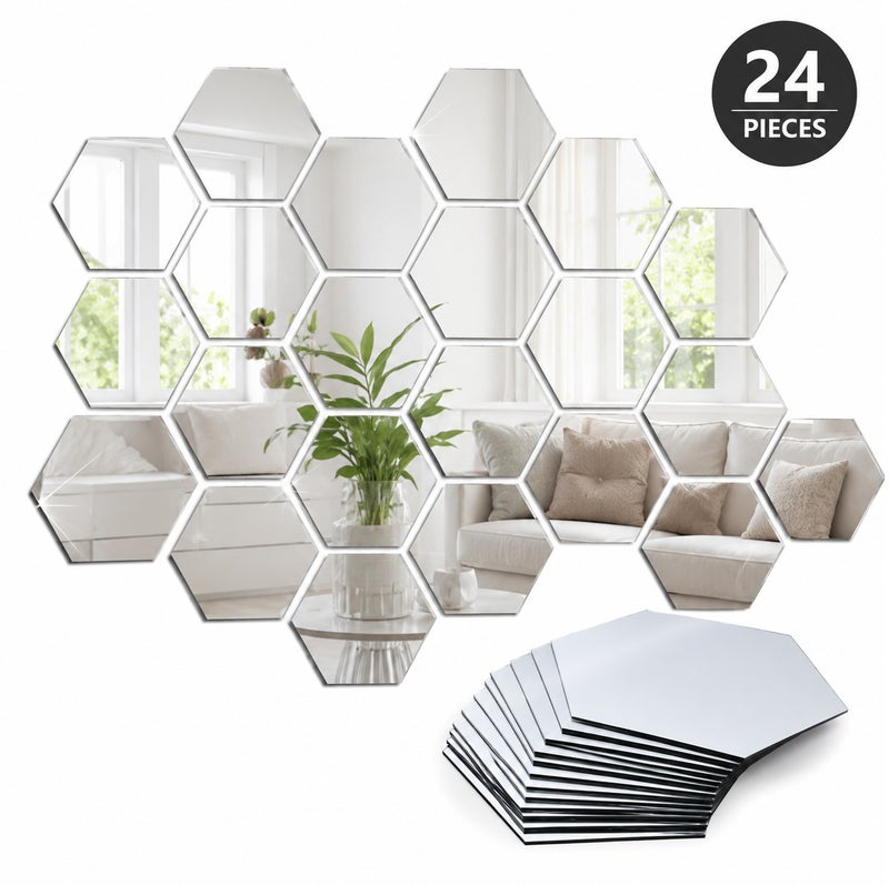 Dunekart Acrylic Mirror Wall Stickers 24 Pieces, Removable Self Adhesive Decal for Living Room Bedroom Home Decor, 3D Reflective Art - Silver - Image 1