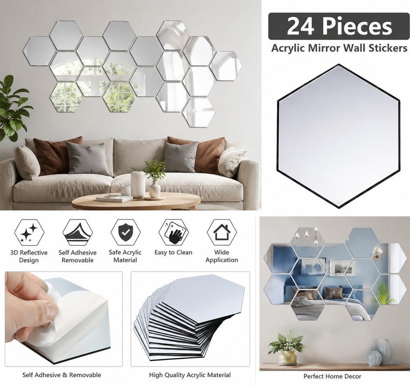 Dunekart Acrylic Mirror Wall Stickers 24 Pieces, Removable Self Adhesive Decal for Living Room Bedroom Home Decor, 3D Reflective Art - Silver - Image 3