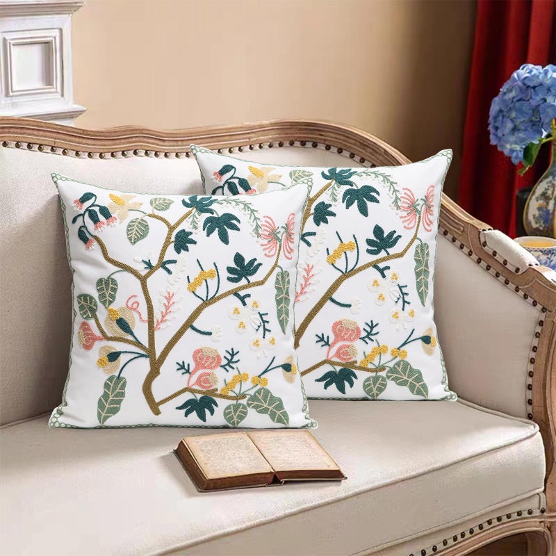 Pilmandu Pack of 2 Embroidered Decorative Throw Pillow Cover 18x18 Inch Farmhouse Floral Pillowcase for Living Room Sofa Bed (Spring Tree Floral) - Image 2