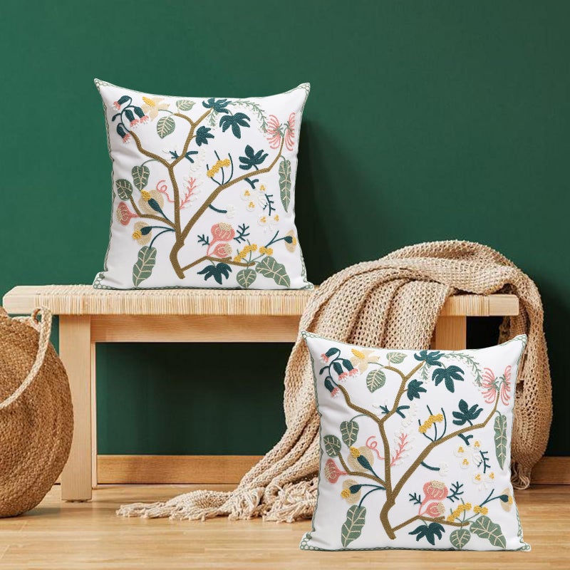 Pilmandu Pack of 2 Embroidered Decorative Throw Pillow Cover 18x18 Inch Farmhouse Floral Pillowcase for Living Room Sofa Bed (Spring Tree Floral) - Image 5