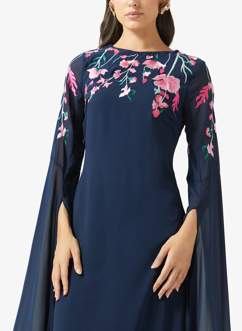 Frock And Frill Navy Embroidered Flared Sleeve Maxi Dress for Women | Best Price UAE