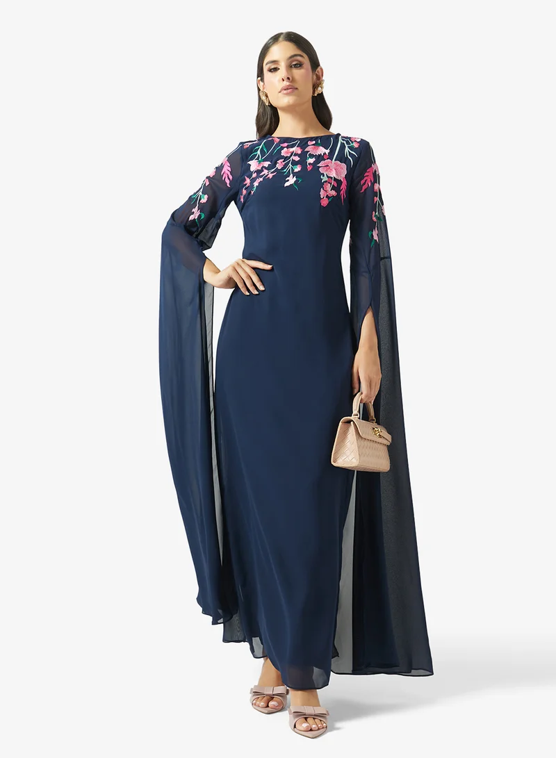 Frock And Frill Navy Embroidered Flared Sleeve Maxi Dress for Women | Best Price UAE