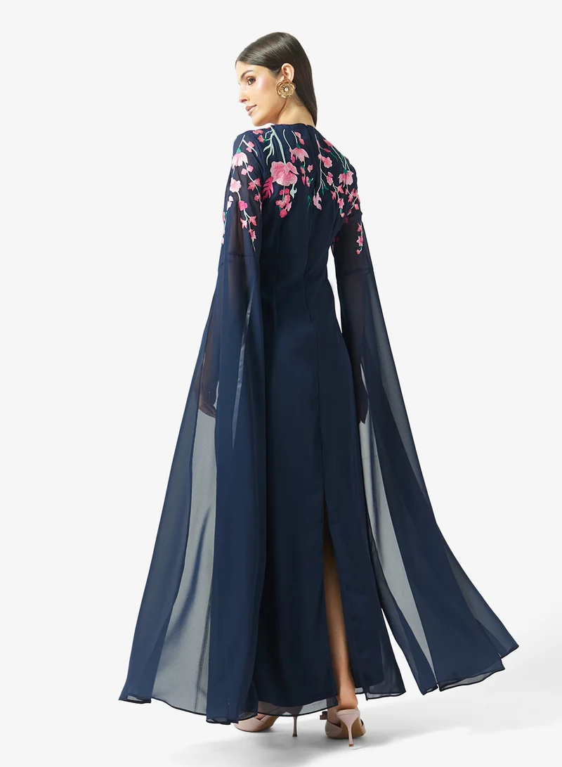 Frock And Frill Navy Embroidered Flared Sleeve Maxi Dress for Women | Best Price UAE