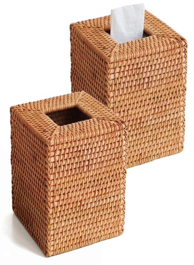 S310 2 Pack Natural Rattan Tissue Box Cover, Hand Woven Square Wicker Holder for Facial Tissues, Wicker Napkin Holder Ideal for Bathroom Living Room, Tissue Holders Decorative for Kitchen Office and Desk - Image 1