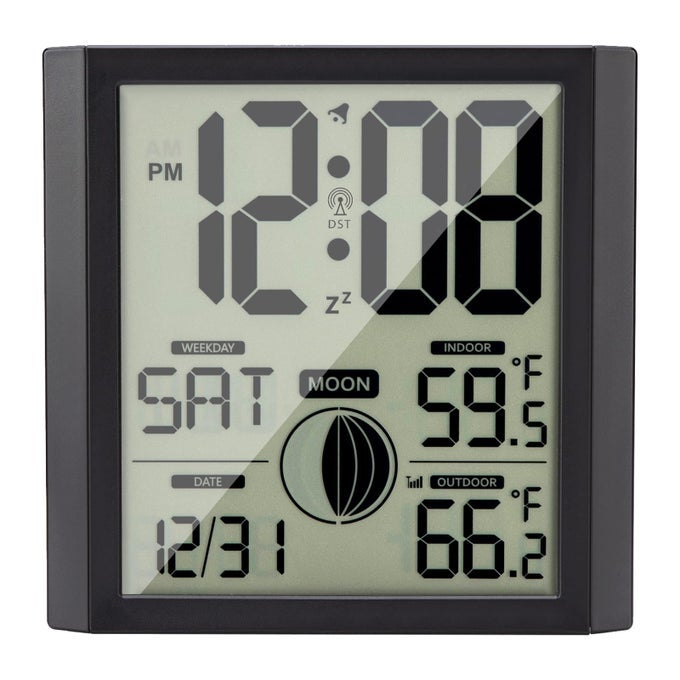 ATOMIC WALL CLOCK WITH INDOOROUTDOOR TEMP LARGE NUMBER DISPLAY SILENT BATTERY OPERATED ALARM ANALOG DIGITAL CLOCKS FOR BEDROOM DEMENTIA SENIORS DESK LIVING ROOM OFFICE BATHROOM KITCHEN SHOWER