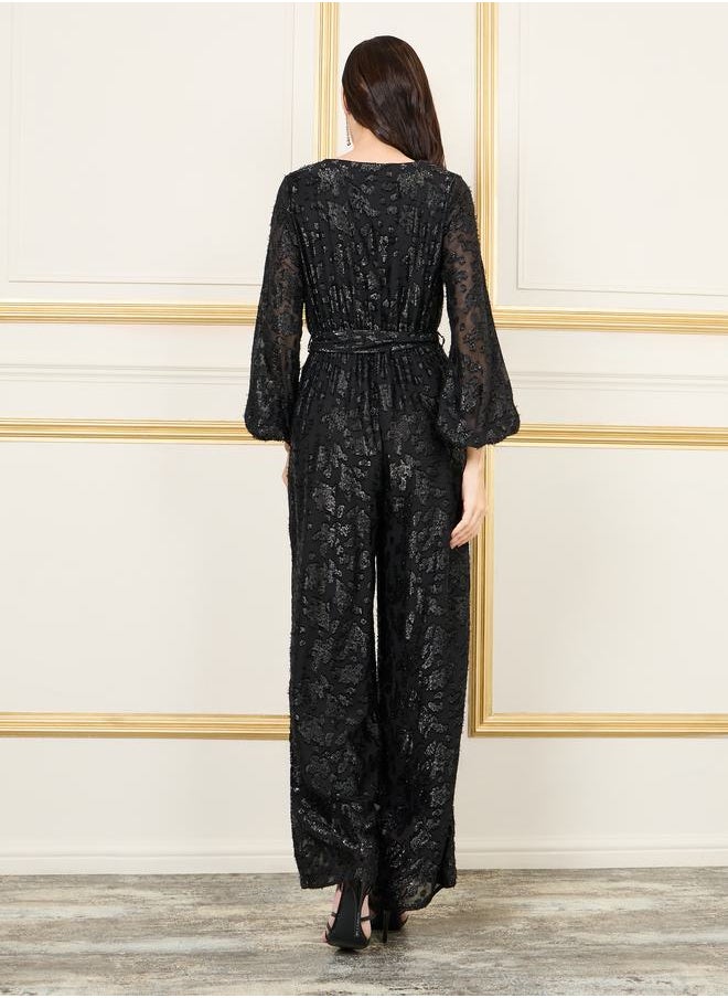 Styli - Burnout Lurex Texture Wide Leg Jumpsuit with Self Tie Up - Image 1