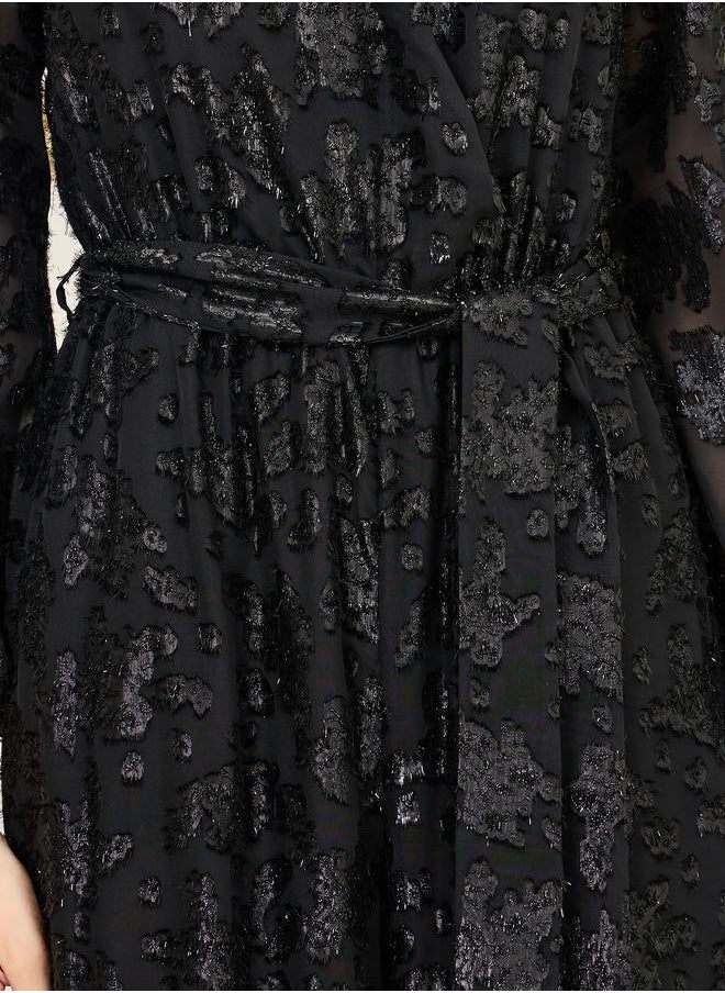Styli - Burnout Lurex Texture Wide Leg Jumpsuit with Self Tie Up - Image 1