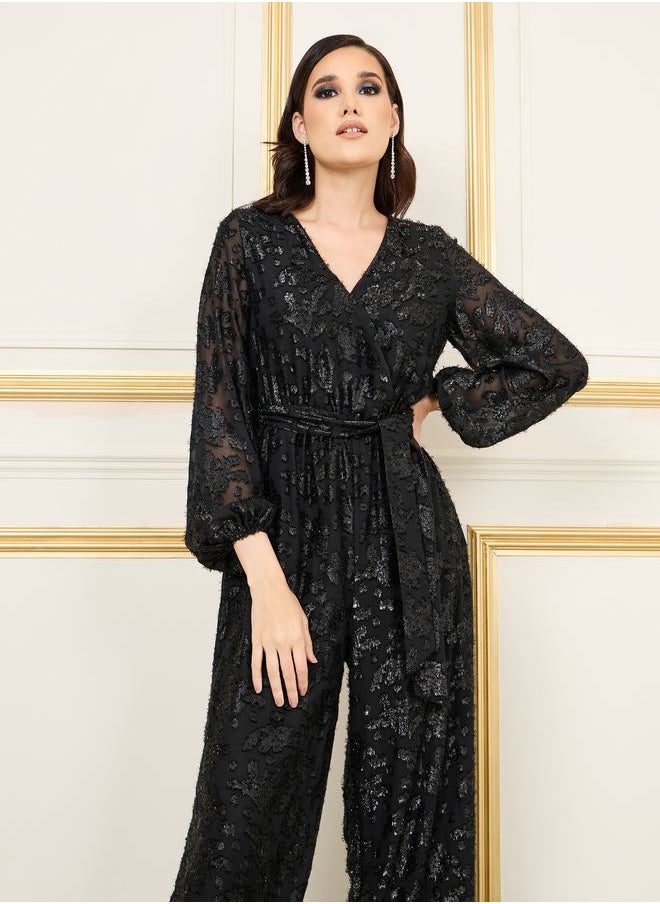 Styli - Burnout Lurex Texture Wide Leg Jumpsuit with Self Tie Up - Image 1