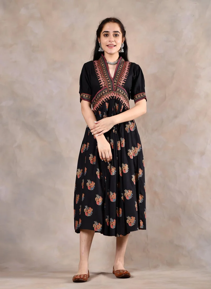 ZERESOUQ Black Viscose Printed V Neck Gathered Dress