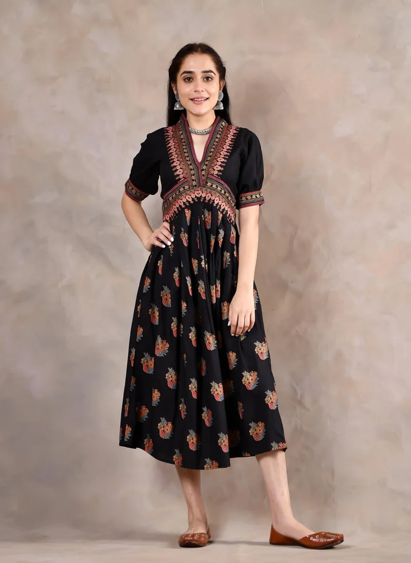 ZERESOUQ Black Viscose Printed V Neck Gathered Dress