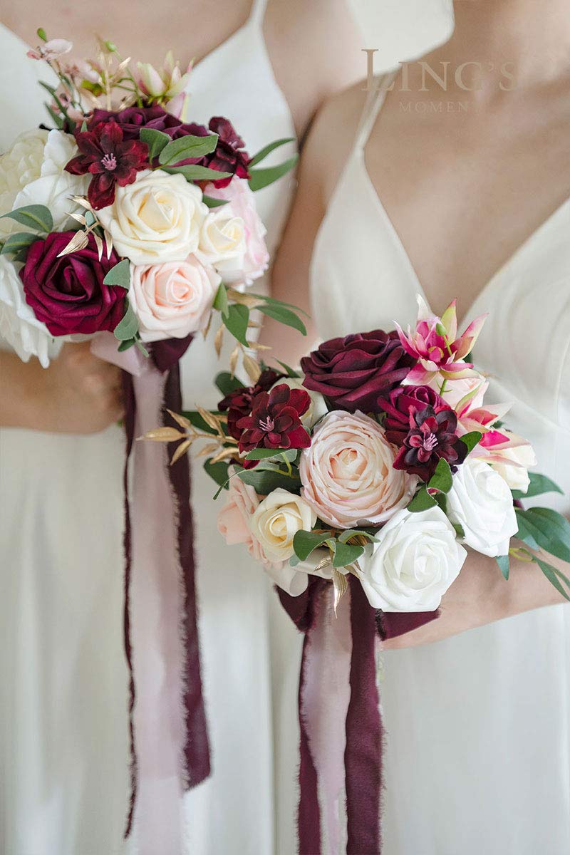 Ling's Moment Artificial Bridesmaid Bouquet - Marsala & Blush Red Silk Flowers, 7 Inch
