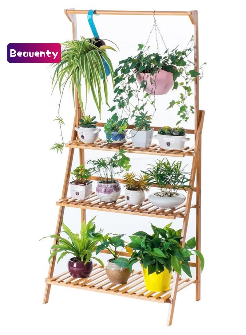 Beauenty Bamboo 3-Tier Hanging Plant Stand Planter Shelves Flower Pot Organizer Rack Folding Display Shelving Plants Shelf Unit Holder - Image 1