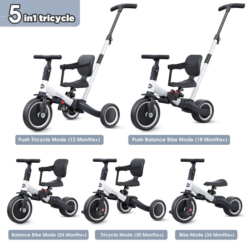 newyoo Toddler Bike 4 in 1 Tricycles for 123 Year Olds Balance Bike Birthday Gift and Toy for Boys and Girls Kids Tricycle with Parent Steering Push Handle Removable Pedals White TR007 - Image 3