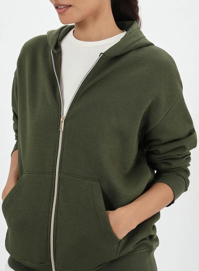 Femmella Olive Green Zip-Up Fleece Sweatshirt