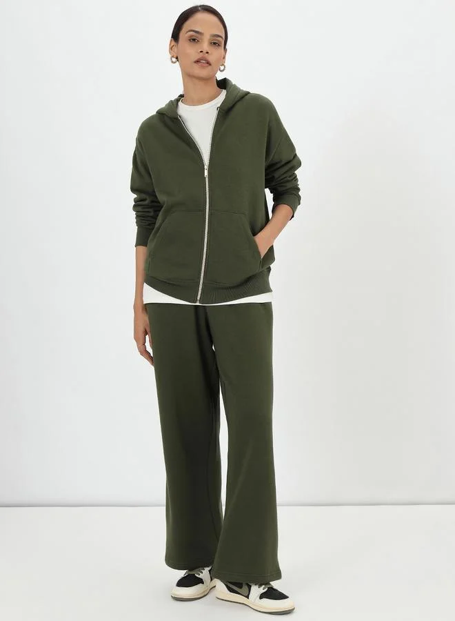 Femmella Olive Green Zip-Up Fleece Sweatshirt