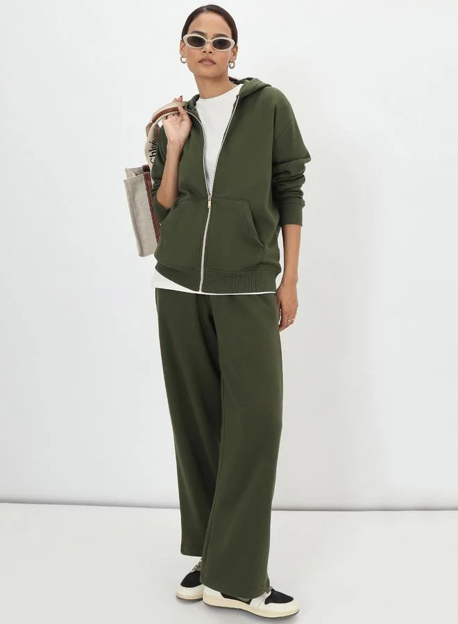 Femmella Olive Green Zip-Up Fleece Sweatshirt