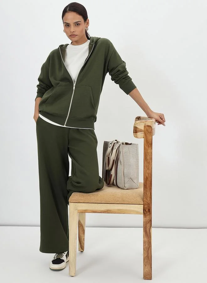 Femmella Olive Green Zip-Up Fleece Sweatshirt