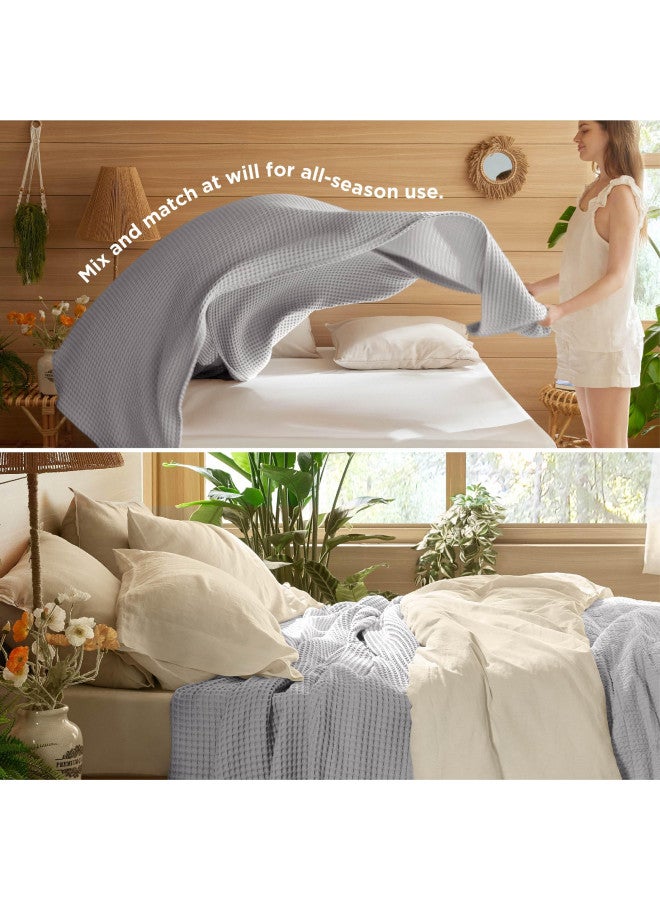 Bedsure Bedsure 100% Cotton Blanket Queen Size for Bed - Waffle Weave Blankets Queen Size, Soft Lightweight Thin Blankets for Summer, Grey, 90x90 inches  - Image 3