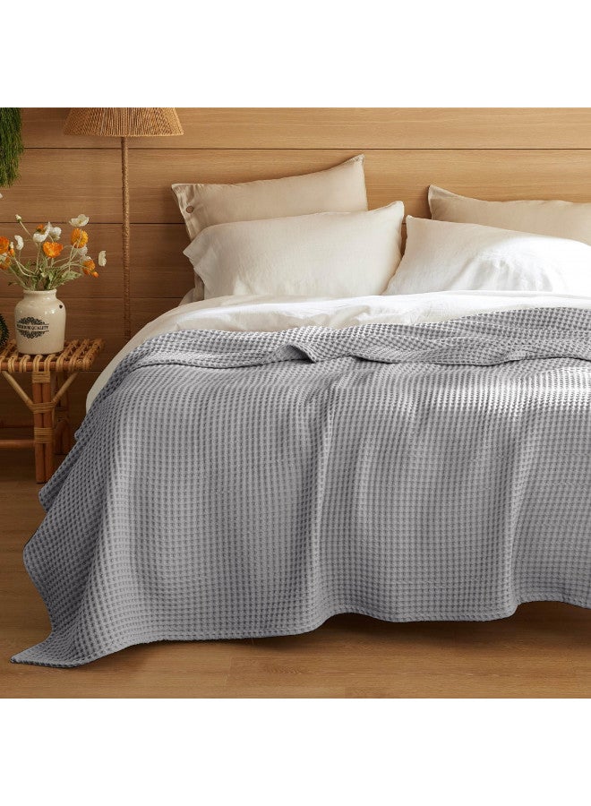 Bedsure Bedsure 100% Cotton Blanket Queen Size for Bed - Waffle Weave Blankets Queen Size, Soft Lightweight Thin Blankets for Summer, Grey, 90x90 inches  - Image 4