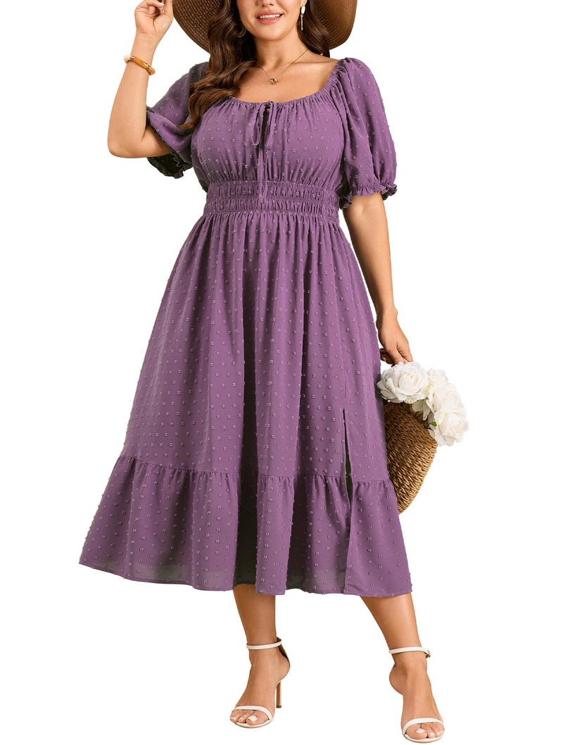 SCOMCHIC Women Plus Size Summer Dress Casual Boho Square Neck Tie Front Swiss Dot Spring A Line Slit Maxi Dresses Purple - Image 1