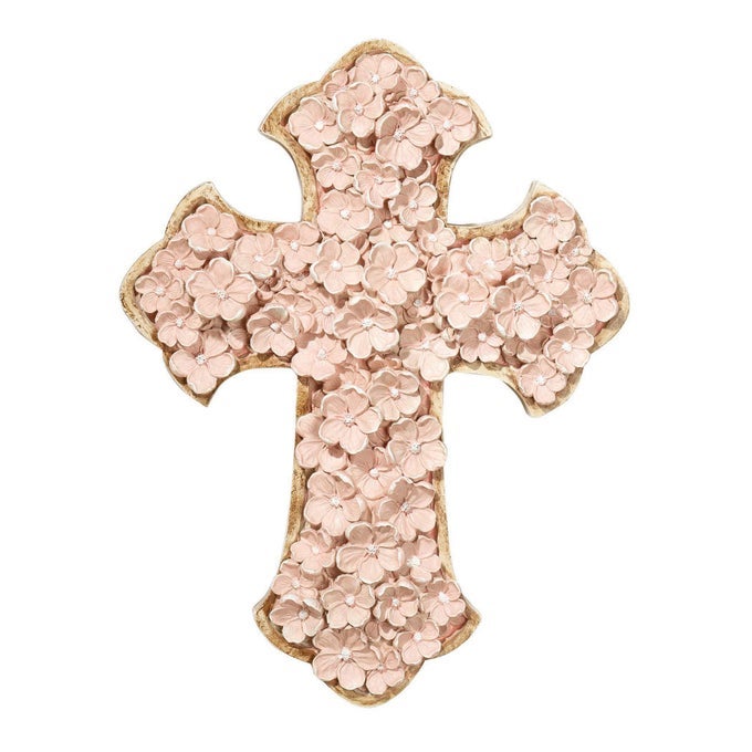 RAISED FLOWER BLOSSOM PASTEL CORAL PINK 12 X 9 RESIN STONE HANGING WALL CROSS