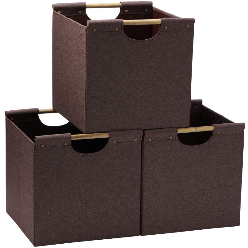 HOONEX HOONEX Collapsible Storage Bins 13x13x13 Inches Storage Cubes Linen Fabric 3 Pack Storage Baskets with Wooden Carry Handles and Sturdy Heavy Cardboard for Home Office Car Nursery Brown