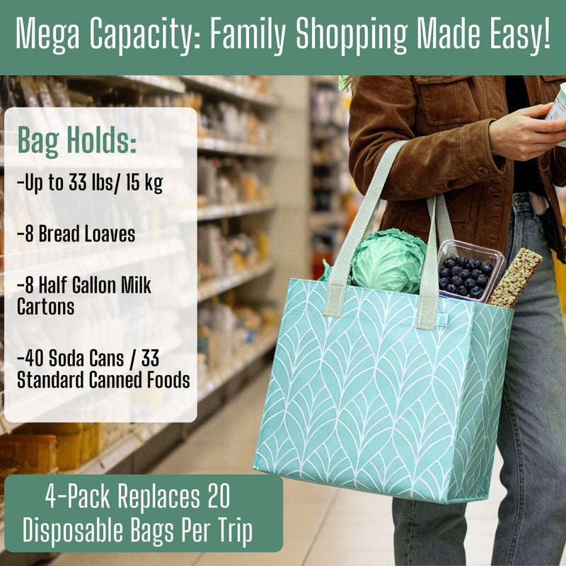 VENO 4 Pack Reusable Grocery Shopping Bags, Heavy-Duty Tote Bags with Handles, for Shopping Cart with Hard Bottom to Stand Upright, Foldable (Evergreen, 4 Pack) - Image 5