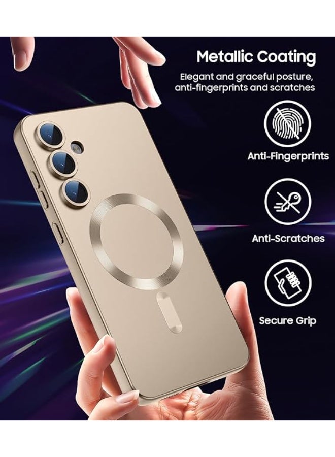 جراب مغناطيسي متوافق مع هاتف Samsung Galaxy S24 FE [متوافق مع MagSafe] [واقي عدسة الكاميرا المدمج] جراب هاتف رفيع ناعم من السيليكون المقاوم للصدمات لامع معدني (ذهبي) - Image 5