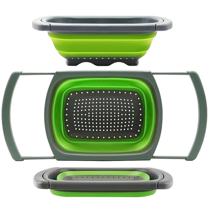 COLANDER COLLAPSIBLE COLANDER STRAINER OVER THE SINK FOOD COLANDERS STRAINERS WITH EXTENDABLE HANDLES 6QUART DISHWASHERSAFE KITCHEN FOLDING STRAINER FOR PASTA VEGGIES AND FRUITS
