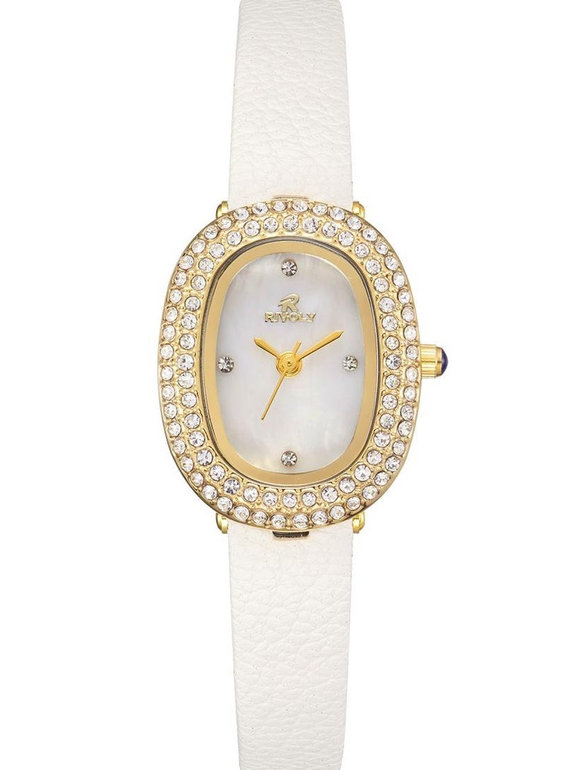 ريفولي ساعة نسائية أنيقة تتميز بإطار مرصع بالكريستال وسوار من الجلد