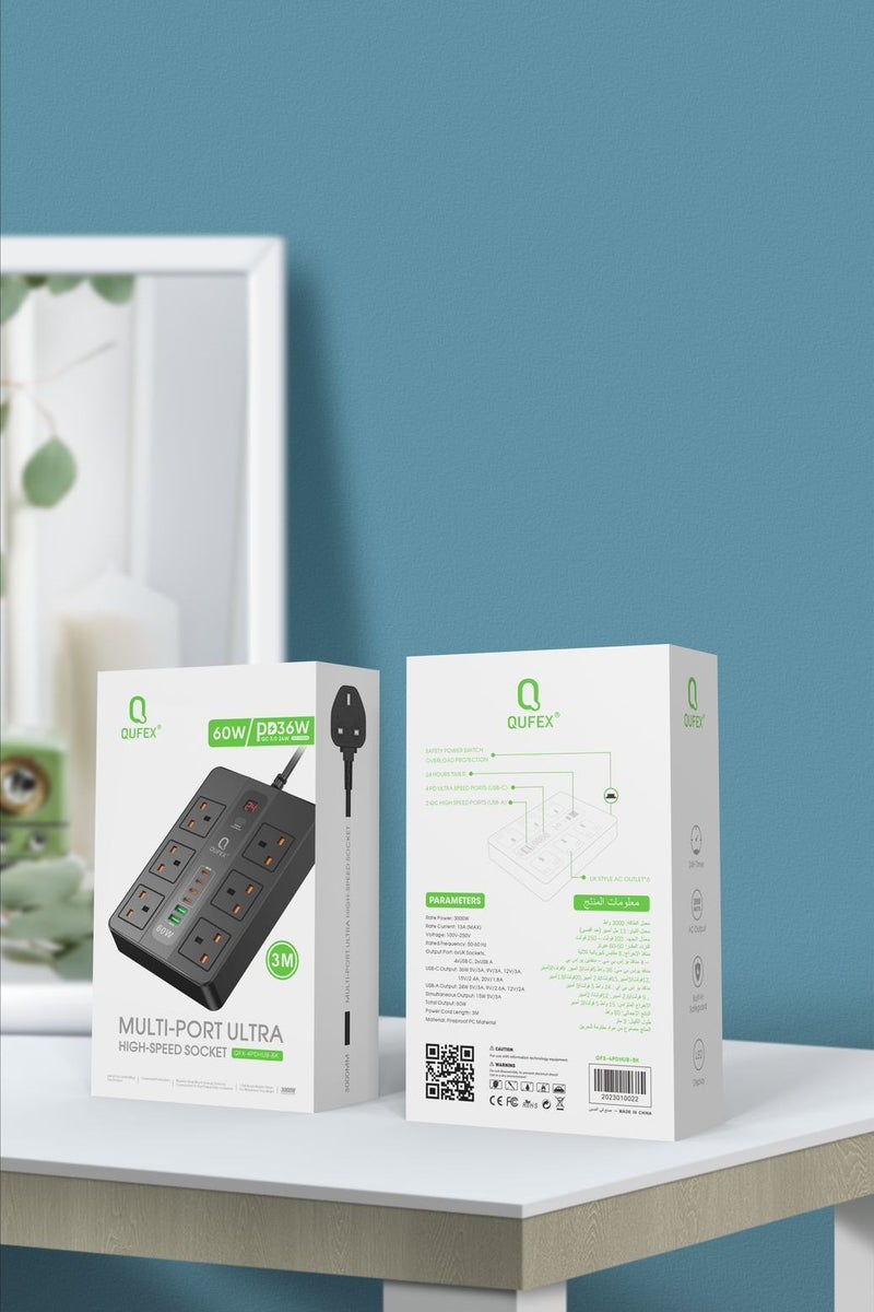 كيفكس توصيلة كيوفكس 3 متر 4 منافذ تايب سي 36 واط + 60 واط ومنفذين USB 24 واط و 6 مخارج افياش 3000 واط - Image 1
