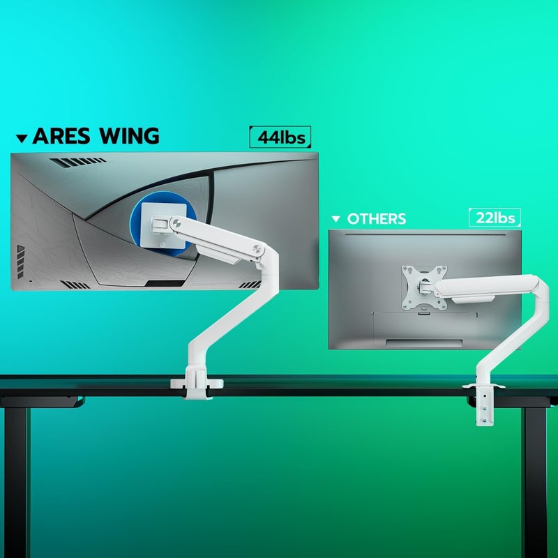 ARES WING ذراع شاشة ARES WING عريضة للغاية باللون الأبيض لشاشات من 17 إلى 49 بوصة، قوية لتحمل 44 رطل، ذراع شاشة قابل للتعديل بنابض غاز مع قاعدة C Clamp، قاعدة Grommet، تركيب Vesa 75/100 - Image 2