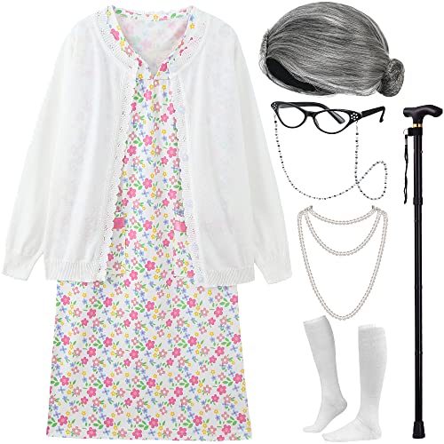 EBYTOP Old Lady Costume for Kids Halloween 100th Day of School Girls Dress up Granny Wig Grandma 100 Days Glasses Cane1WH 46 Years - Image 1
