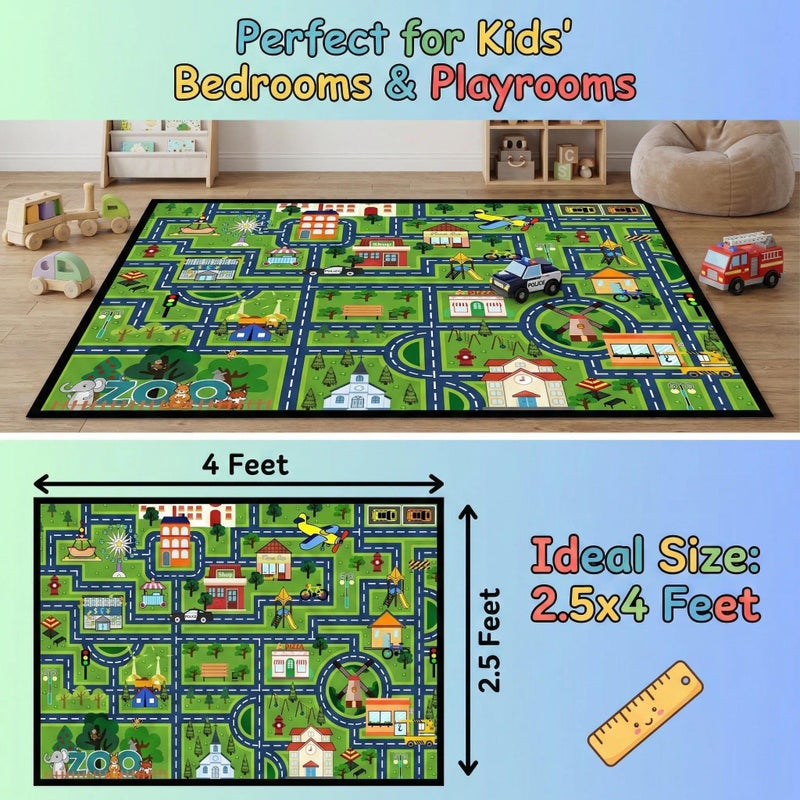 HBUFBUQ Kids Car Rug Play Mat 2.5x4 Feet City Life Road Traffic Carpet for Bedroom Playroom Non Slip Backing Washable Floor Mat for Boys Girls Educational Map with Zoo Ferris Wheel - Image 2