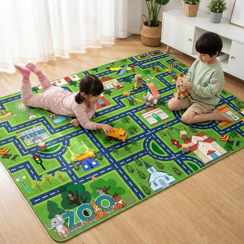 HBUFBUQ Kids Car Rug Play Mat 2.5x4 Feet City Life Road Traffic Carpet for Bedroom Playroom Non Slip Backing Washable Floor Mat for Boys Girls Educational Map with Zoo Ferris Wheel - Image 1