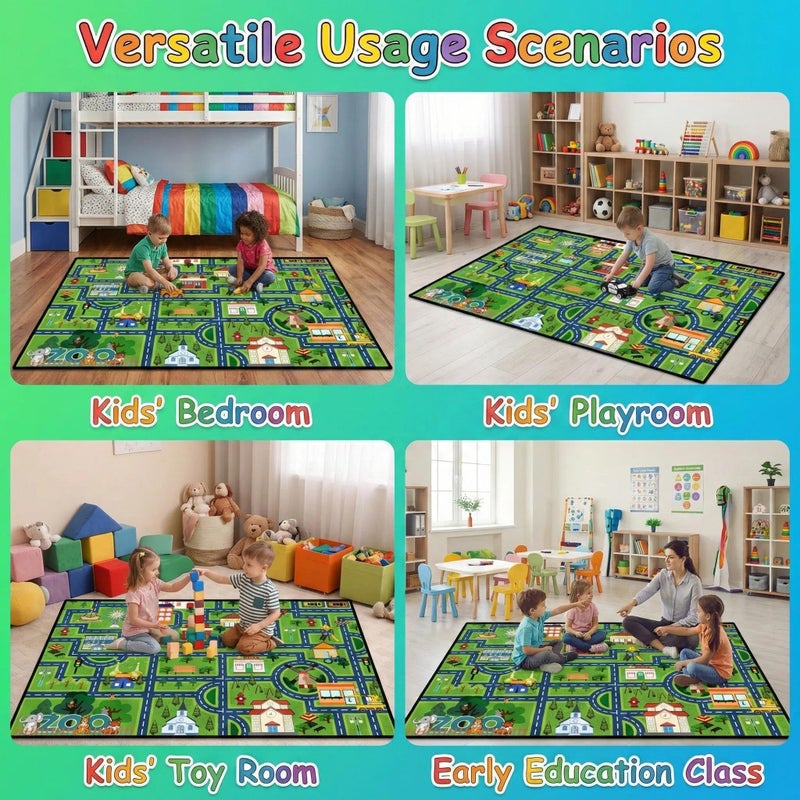 HBUFBUQ Kids Car Rug Play Mat 2.5x4 Feet City Life Road Traffic Carpet for Bedroom Playroom Non Slip Backing Washable Floor Mat for Boys Girls Educational Map with Zoo Ferris Wheel - Image 5