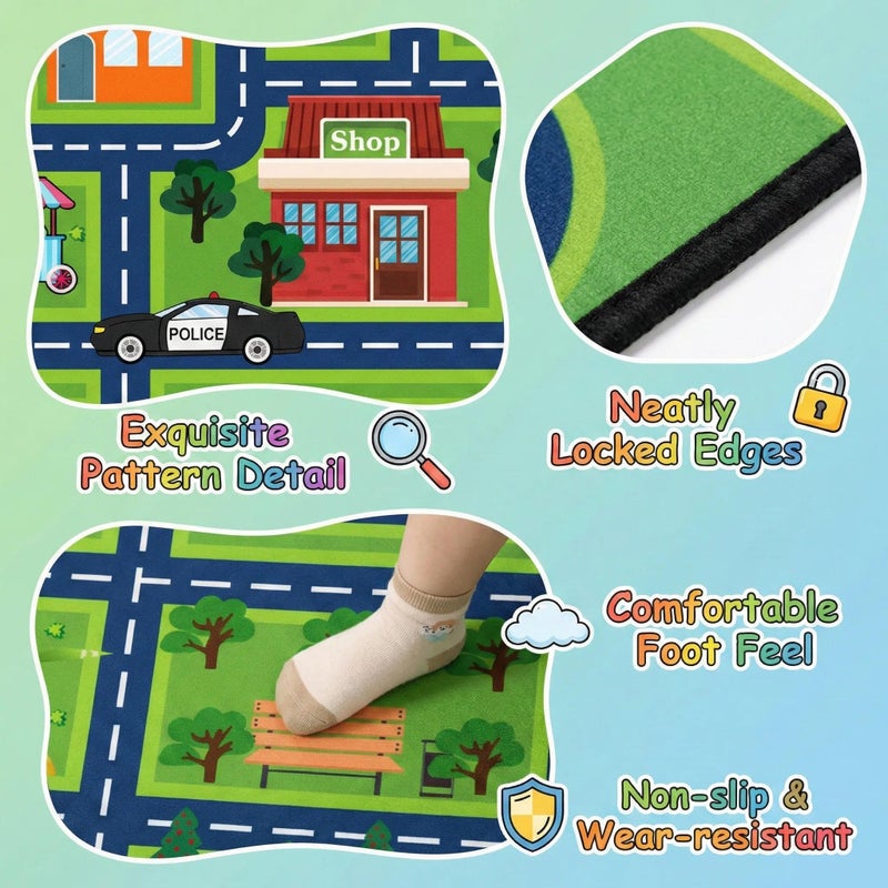 HBUFBUQ Kids Car Rug Play Mat 2.5x4 Feet City Life Road Traffic Carpet for Bedroom Playroom Non Slip Backing Washable Floor Mat for Boys Girls Educational Map with Zoo Ferris Wheel - Image 4