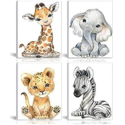 Kiddale Baby Safari Animals Nursery Wall DecorFramed Watercolor Woodland Cute Animal Canvas Print Posters Gifts for Living Room Boys Girls Bedroom DecorationsSet of 48 x10inch - Image 1
